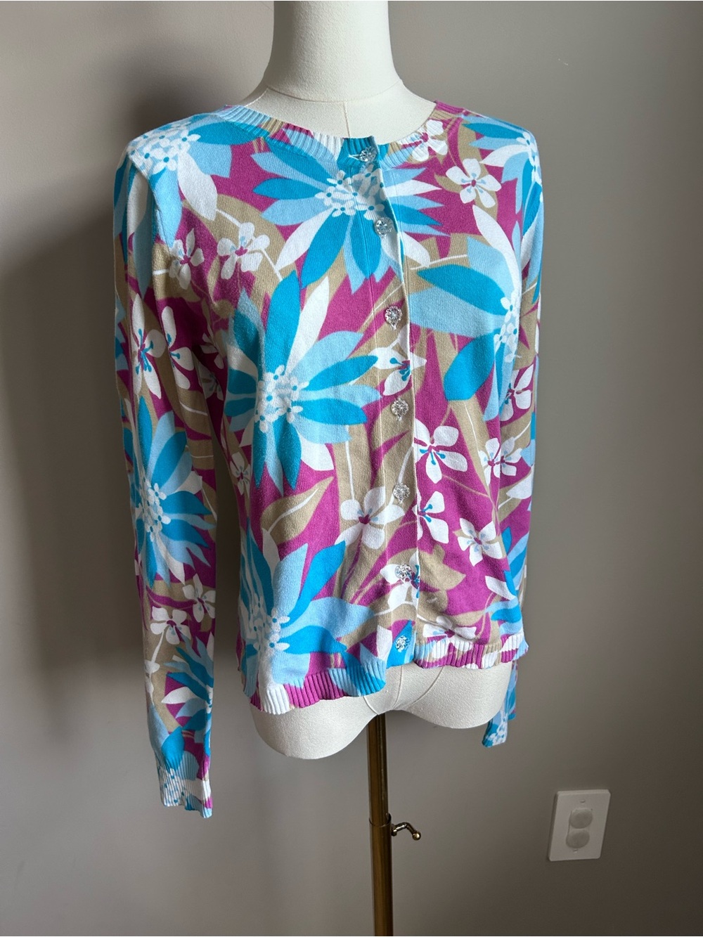 Vintage Floral Button-Front Cardigan Turquoise & Fuchsia Tommy Hilfiger cotton